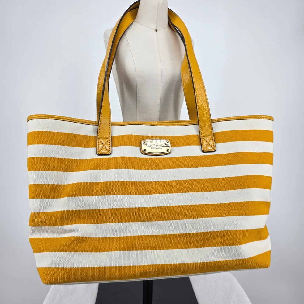 Michael Kors Yellow White‎ Striped Canvas Tote Bag Leather Trim Gold Logo Large